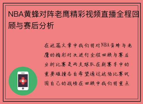 NBA黄蜂对阵老鹰精彩视频直播全程回顾与赛后分析