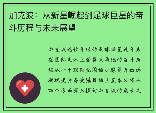 加克波：从新星崛起到足球巨星的奋斗历程与未来展望