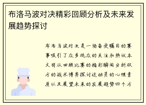 布洛马波对决精彩回顾分析及未来发展趋势探讨